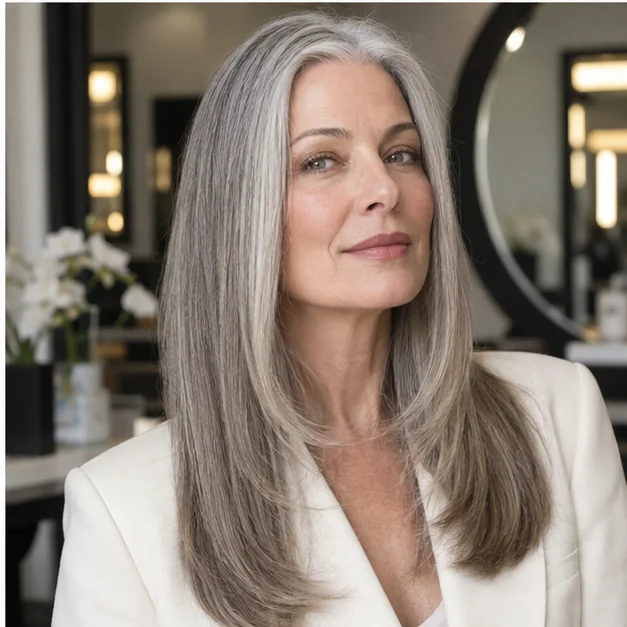 Woman with one-length long hair and a low subtle face frame