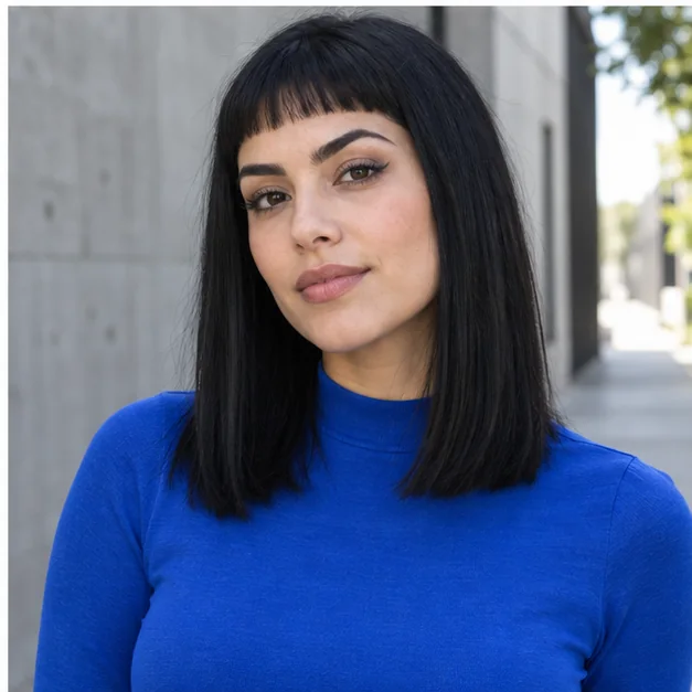 Woman with one length shoulder hair and micro bangs