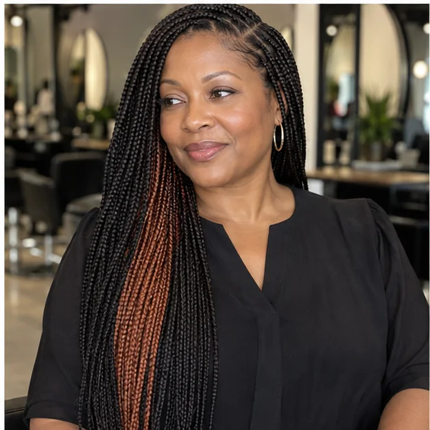 Black woman with dark knotless braids and hidden copper color