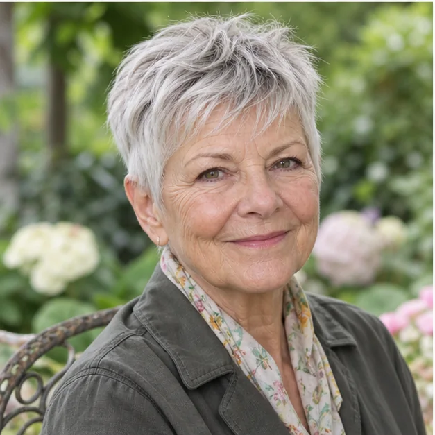 Woman over 60 with fine silver hair in a softly piecey crop