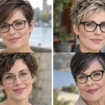 Collage of four women wearing distinct pixie haircuts with glasses