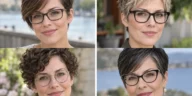 Collage of four women wearing distinct pixie haircuts with glasses