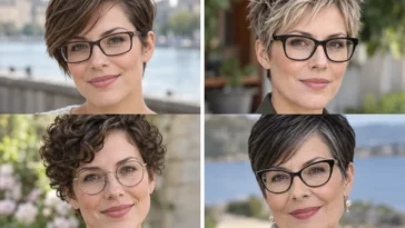 Collage of four women wearing distinct pixie haircuts with glasses