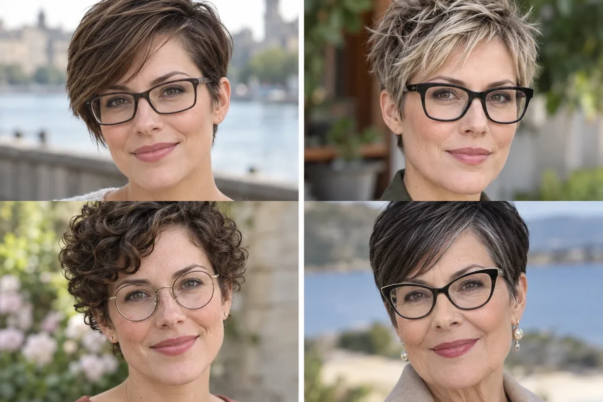 Collage of four women wearing distinct pixie haircuts with glasses