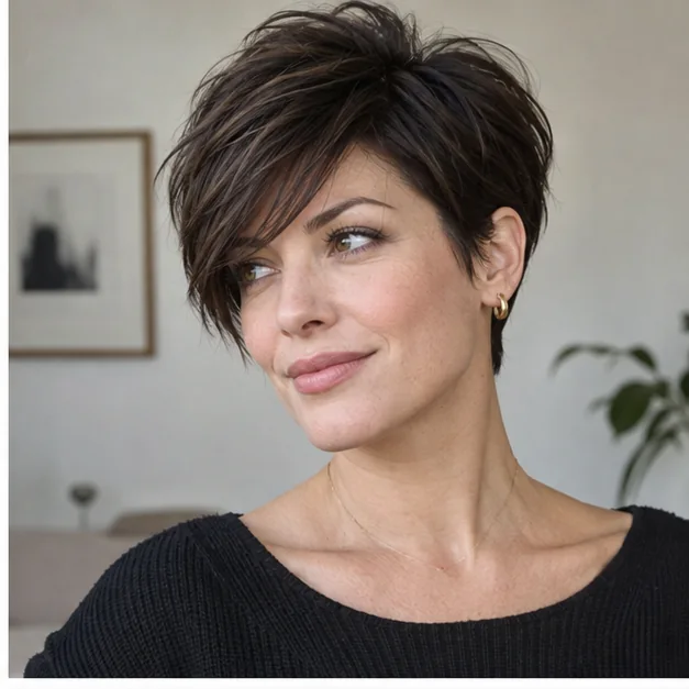 Woman with a pixie cut and long side-swept bangs