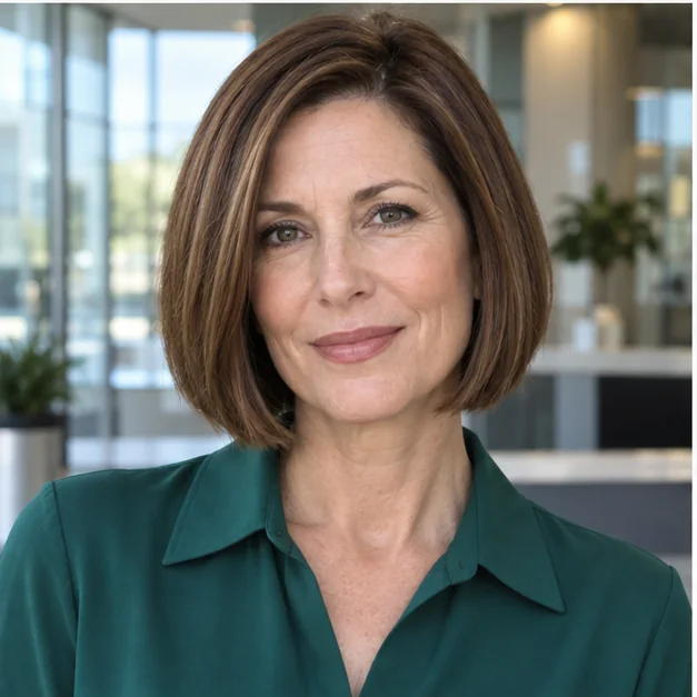 Woman with polished short bob and face framing pieces on thick hair