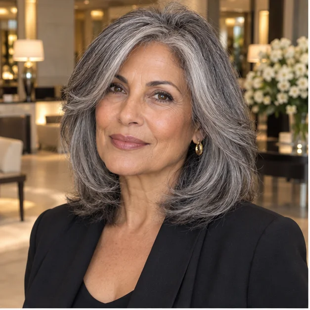 Woman with polished gray hair and face-framing layers
