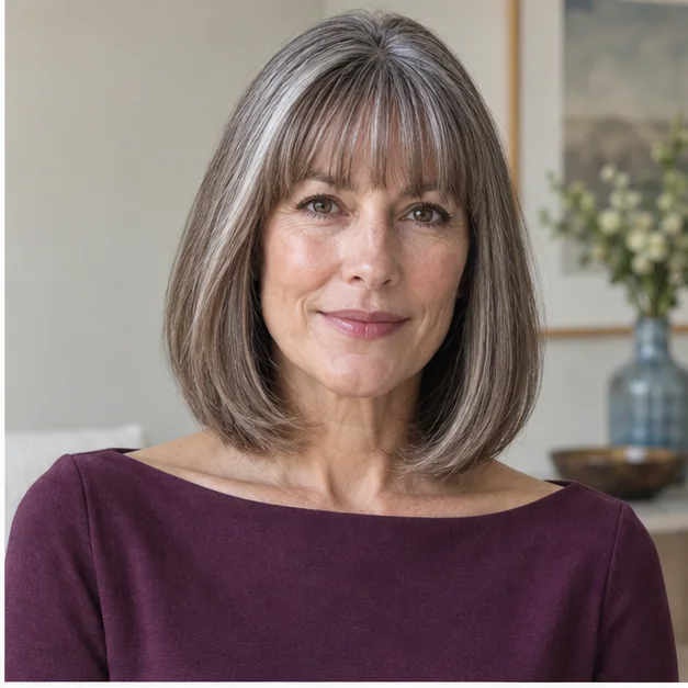 Woman with polished shoulder skimming lob and rounded bangs