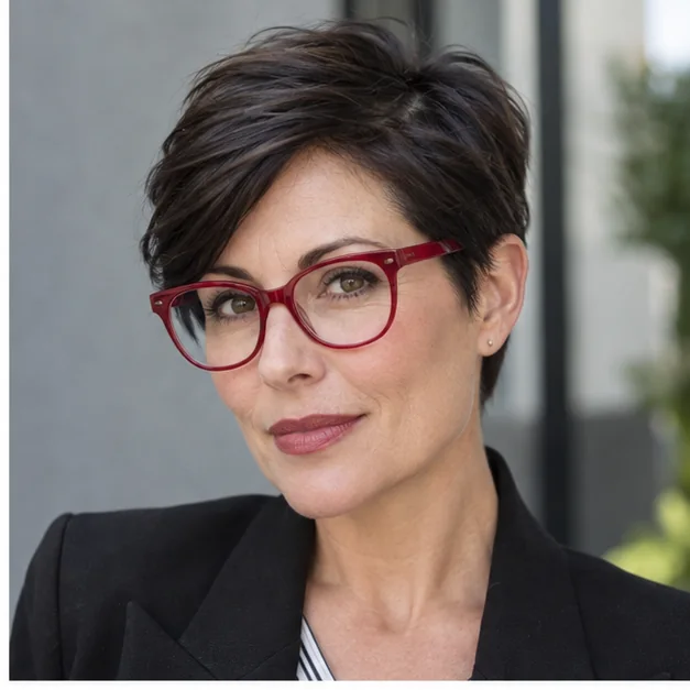 Woman in red statement glasses with a polished side-parted pixie