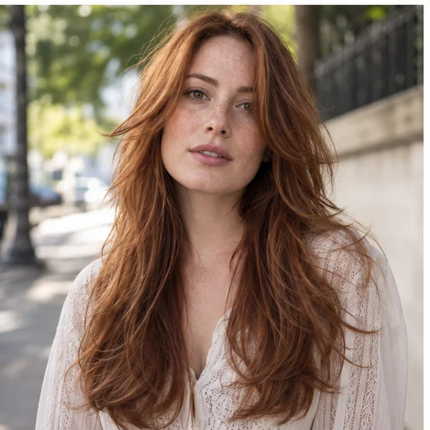 Woman with long auburn hair in airy razor-cut feathered layers