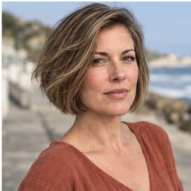 Woman with razor soft short bob for coarse thick hair