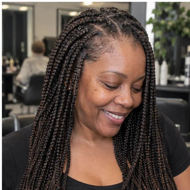 Black woman wearing refreshed knotless braids with soft new growth