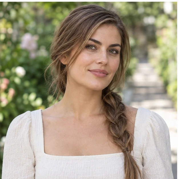 Woman with long fine hair in a relaxed side braid