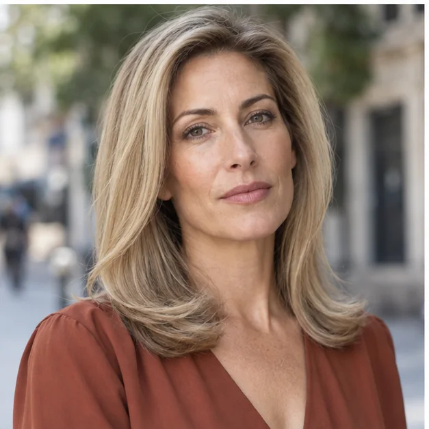 Woman with fine hair wearing a root-lift blowout with C-shaped ends