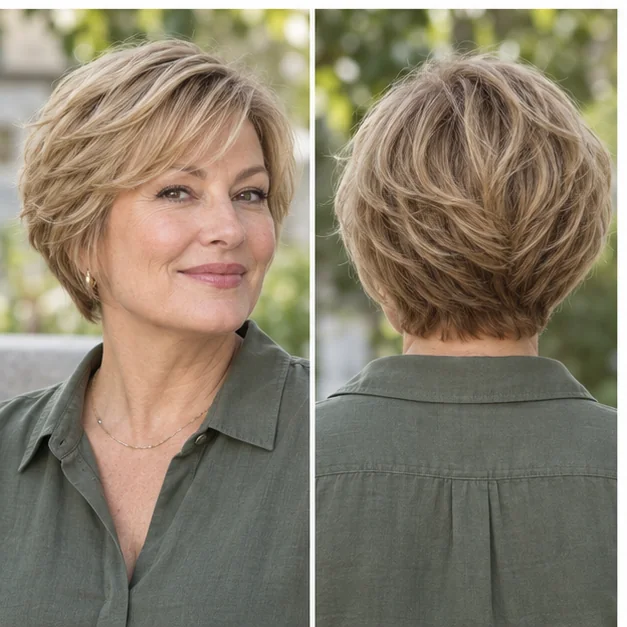 Same woman shown from front and back wearing a rounded feathered bixie