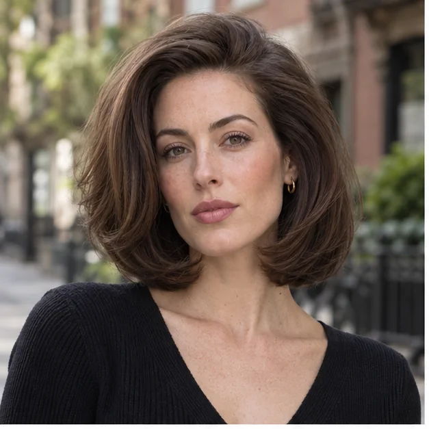 Woman with a chin-length brunette bob styled in a rounded 90s blowout