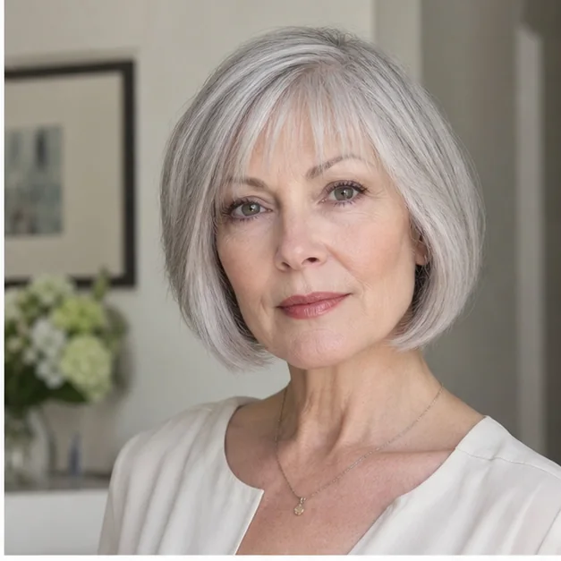 Woman over 60 with a rounded short bob and wispy bangs