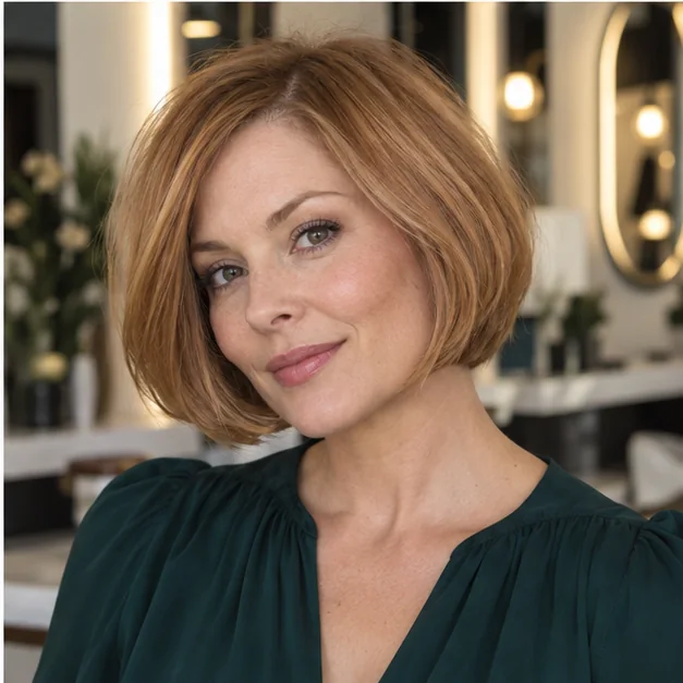 Woman with a rounded bubble bob that makes thin hair look full