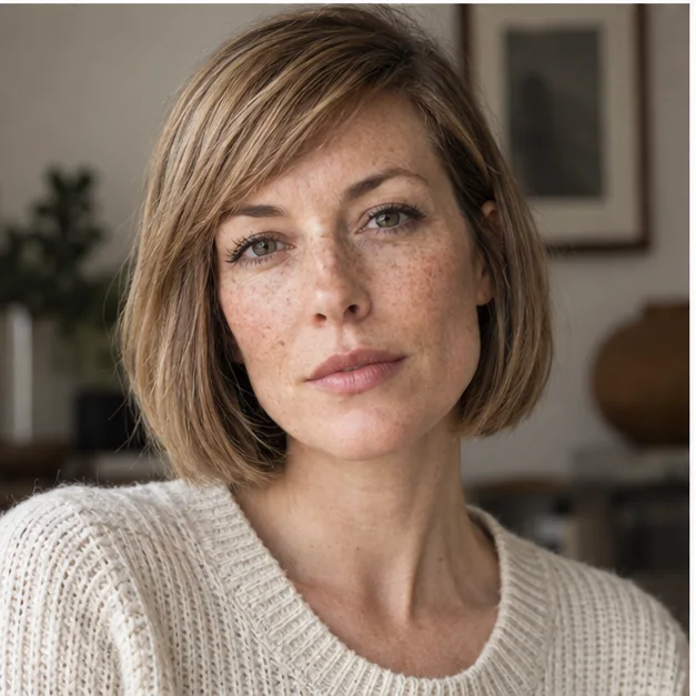 Woman with a long face wearing rounded chin bob with short side bangs