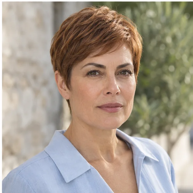 Woman with fine hair wearing a rounded crop with subtle texture