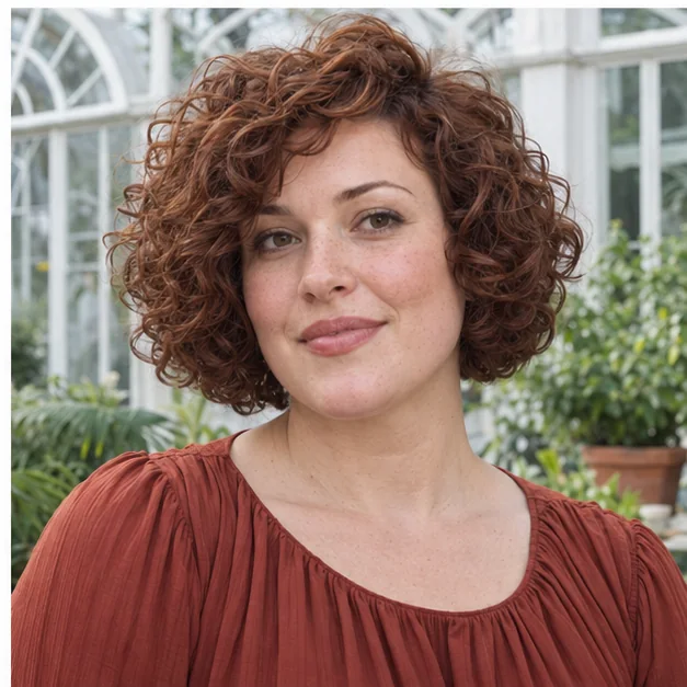 Rounded curly bob with higher crown