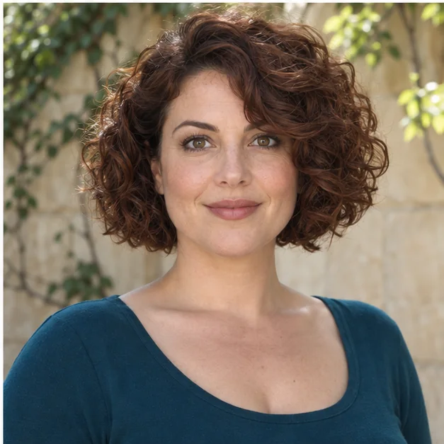 Woman with rounded short curly bob on thick hair