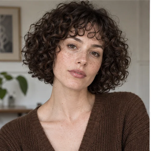 Woman with a long face wearing rounded curly bob with a soft fringe