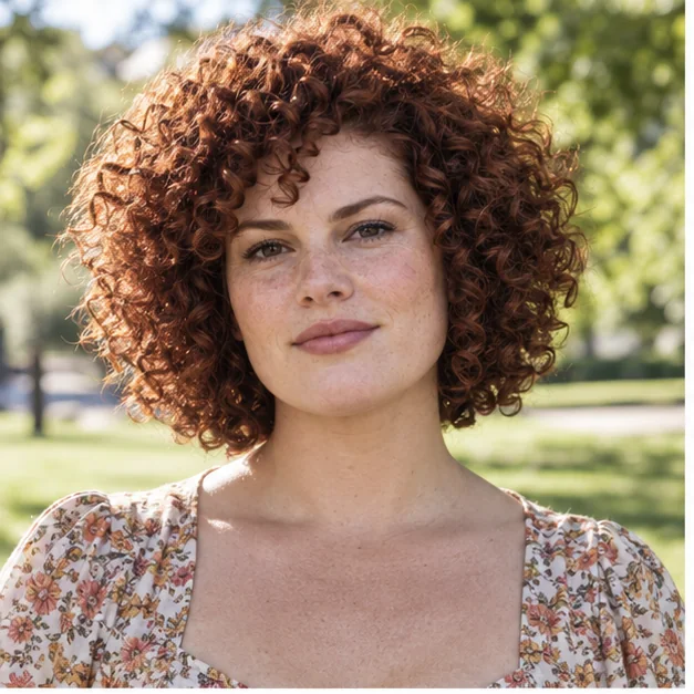 Rounded short curly crop shaped into a soft natural halo