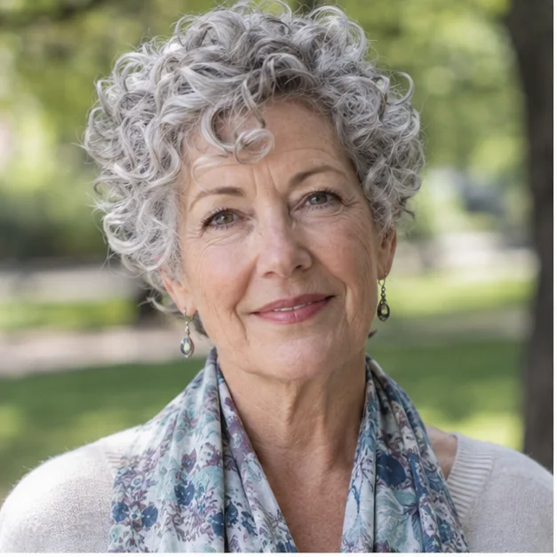 Woman over 60 with a rounded short silver curly haircut