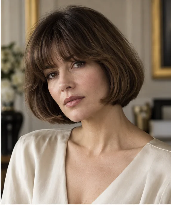 Woman with a rounded Italian bob and eyebrow-length bangs