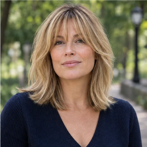Woman with rounded shoulder length layers and bottleneck bangs