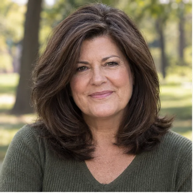 Woman over 50 with thick hair and rounded medium-length layers