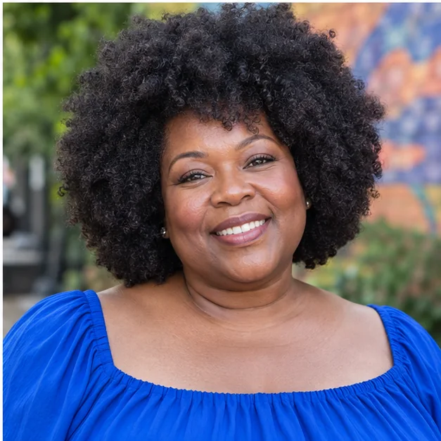 Black woman with a softly rounded high-volume afro
