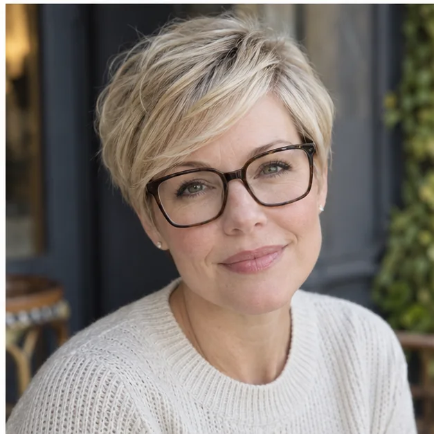 Woman in square glasses with a softly rounded blonde pixie