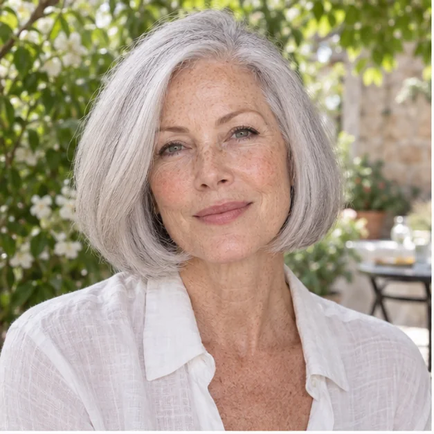 Woman with a smooth rounded silver bob at the jaw