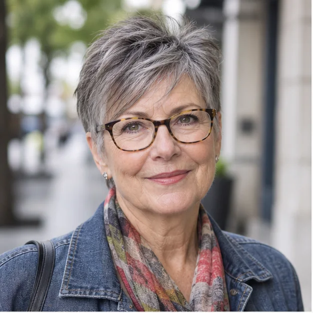 Woman over 60 wearing glasses and a salt-and-pepper pixie