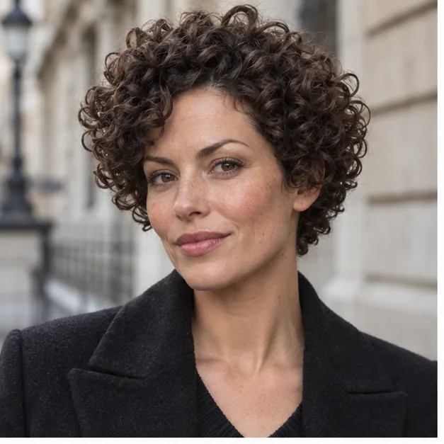 Woman with dense curls shaped into a sculpted short crop