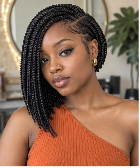 Black woman with side-swept asymmetrical knotless bob braids