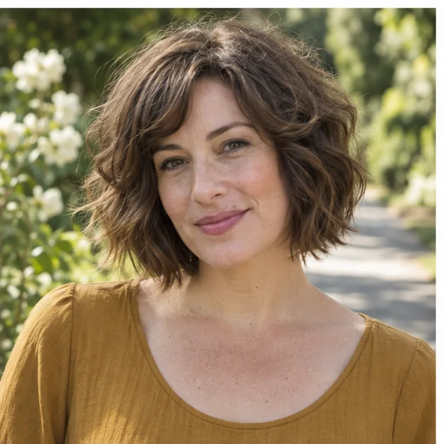 Woman with shaggy short bob and crown lift for thick hair