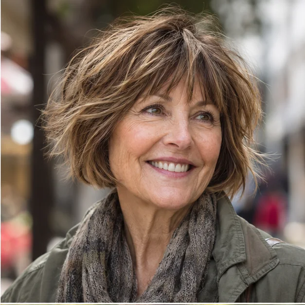 Woman over 50 with a shaggy layered bob