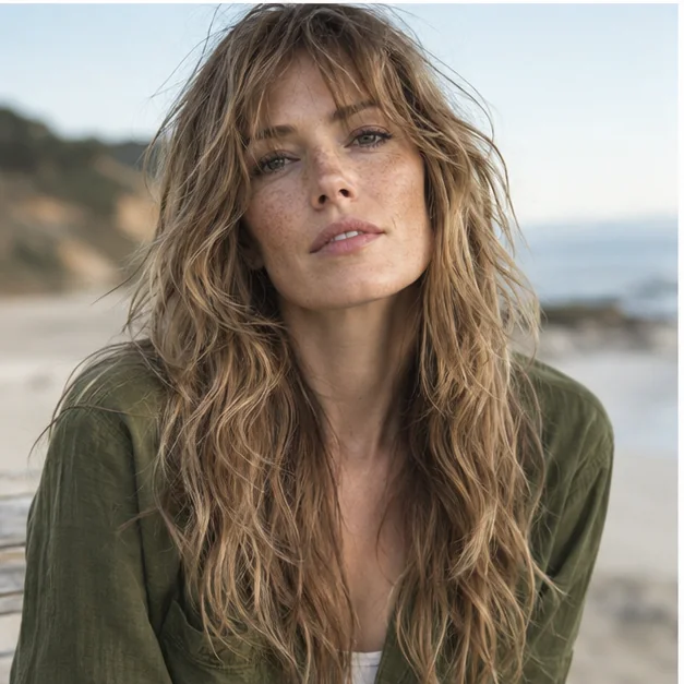 Woman with tousled long shaggy layers and wispy bangs