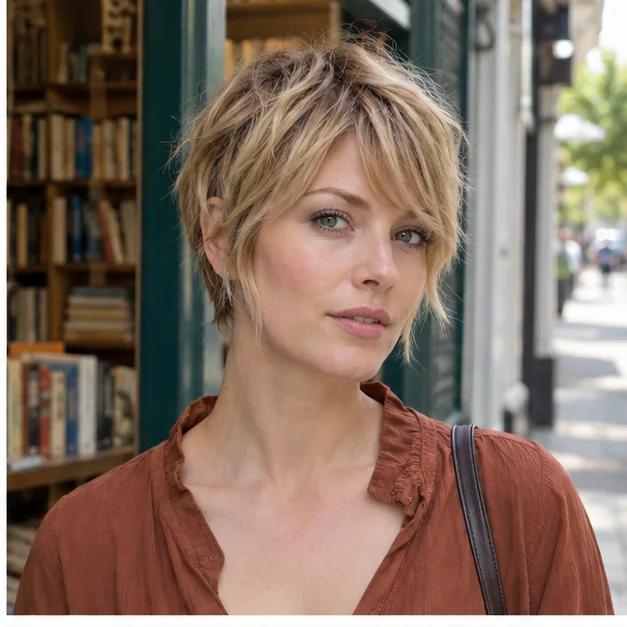 Shaggy long pixie with wispy bangs