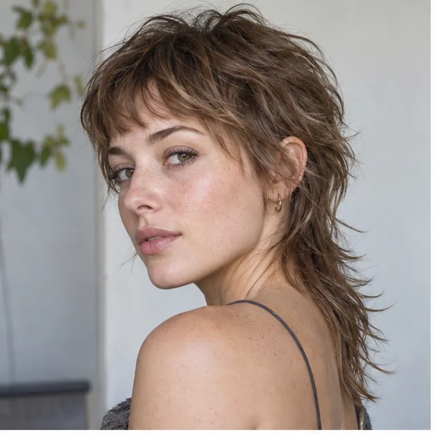 Woman with a shaggy modern mullet and wispy bangs