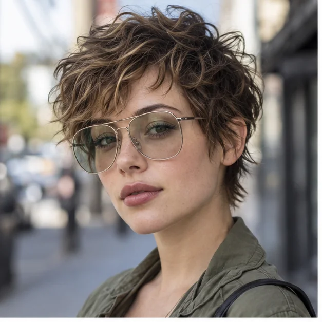 Woman wearing aviator glasses with a shaggy wavy pixie