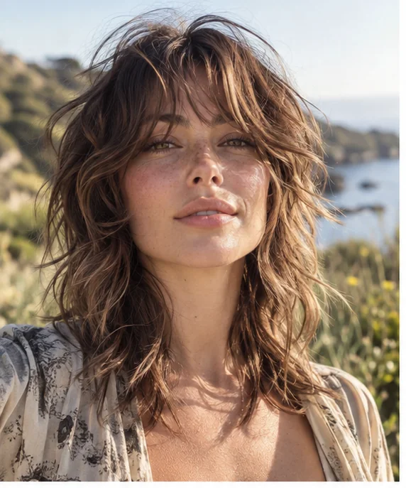 Woman with tousled shaggy face-framing layers