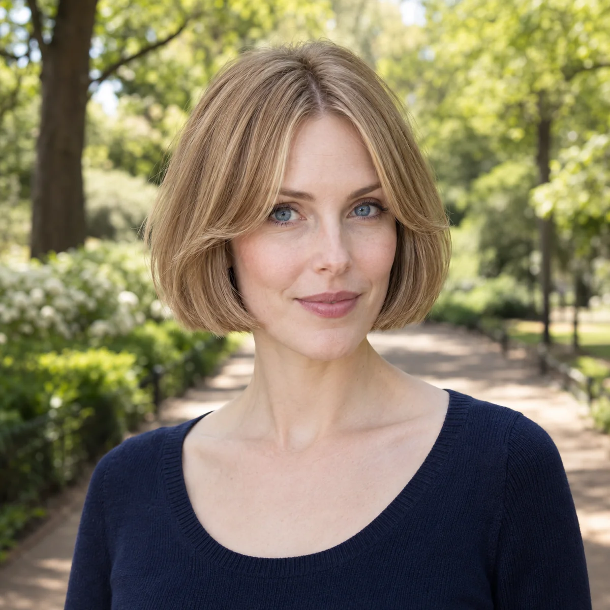 Woman with short bob and curtain bangs on thick hair