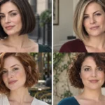 Four women wearing distinct short bob haircuts shaped for thick hair