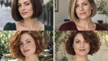 Four women wearing distinct short bob haircuts shaped for thick hair