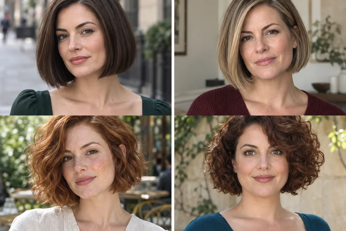 Four women wearing distinct short bob haircuts shaped for thick hair