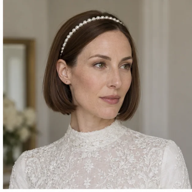 Bride with a short smooth bob and slim pearl headband
